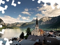 lake, Town, church, Mountains