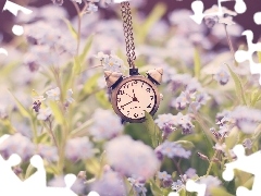 Clock, purple, Flowers