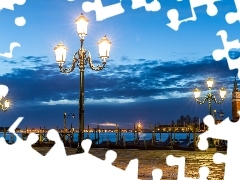 clouds, Venice, bridge, lanterns, River