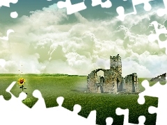 ruins, Sunflower, clouds, castle