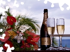 Champagne, Bouquet of Flowers, composition, glasses