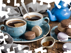 coffee, composition, cups, cookies, rose, kettle, Plates, grains, Macaroons