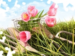 grass, basket, cutlery, Tulips