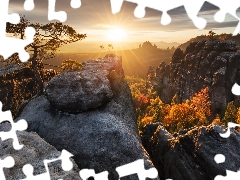 woods, rocks, pine, Děčínská vrchovina, Saxon Switzerland National Park, Great Sunsets, Germany