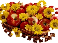 basket, Yellow, daisy, apples