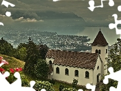 panorama, Church, dark, Sky, Town, slope