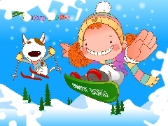 dog, snowboard, snow, Kid, winter