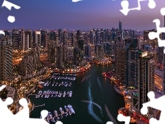 Dubaj, night, clouds, Boats, skyscrapers