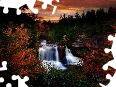 forest, waterfall, evening, autumn