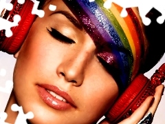 Women, rainbow, face, HEADPHONES