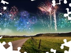 Way, pasture, fireworks, fence