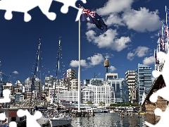 skyscraper, Harbour, flag, Australia, bridge, Yachts