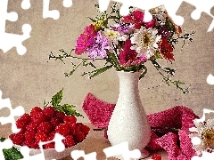 flowers, raspberries, pottery, bouquet, White