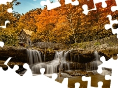 River, Windmill, forest, autumn, waterfall, water
