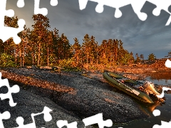 forest, trees, Russia, viewes, Karelia, Boat, Lake Ladoga, rocks