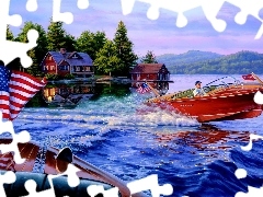 lake, house, forest, motorboat