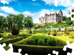Castle, Flower-beds, fountain, Park