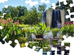 Park, water, fountain, plants