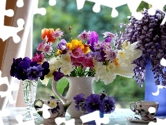 freesia, wistaria, flowers, pansy, Bouquets