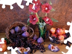 bowl, Flowers, Fruits, composition, figs, Hollyhocks