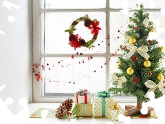 Window, christmas tree, gifts