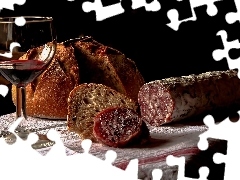 glass, Wine, bread, sausage, composition