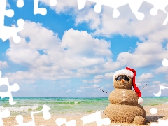 Snowman, Beaches, Glasses, sea, Hat, Sand