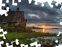 lake, wooden, west, Church, Ukraine, grass, sun