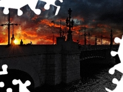 bridge, clouds, Great Sunsets, River