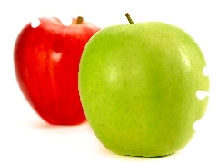 Two cars, Red, green ones, apples
