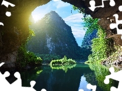 green, Wietnam, River, rocks, cave
