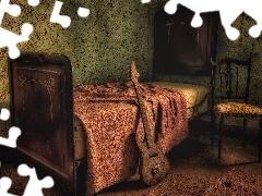 Guitar, Chair, Room, White Bed, Neglected