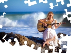 sea, girl, Guitar, rocks