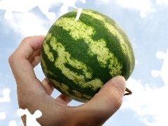 small, high, hand, watermelon