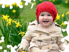 Hat, Daffodils, girl, red hot, Kid