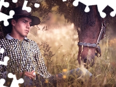 Horse, Meadow, boy, Hat, a man