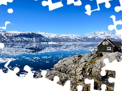 house, Uummannaq Island, River, winter, Mountains, Greenland