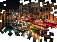 Town, Venice, boats, Houses, Italy, night, Gondolas