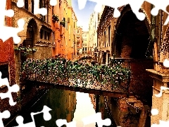 bridges, canal, Houses, Flowers