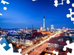 Churches, Bridges, Berlin, tower, River, Houses, Germany