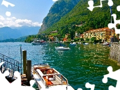 Mountains, boats, Houses, River