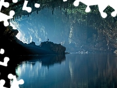 cave, rocks, Human, lake