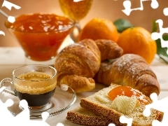 jelly, orange, bread, croissant, coffee