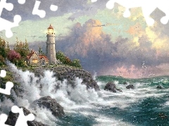 maritime, Sky, Waves, Lighthouse, sea, Coast, Thomas Kinkade