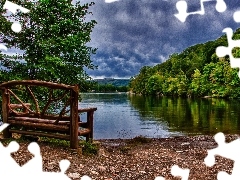 lake, Bench, Mountains, woods, clouds