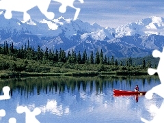 North, Alaska, lake, canoe, Mountains, america