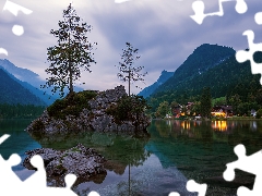 clouds, light, Great Sunsets, Mountains, Rocks, Bavaria, Houses, Lake Hintersee, Germany, Alps, viewes, trees