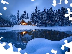 Mountains, house, trees, Yoho National Park, viewes, winter, British Columbia, forest, lake, Canada, bridge, Fog, Emerald Lake