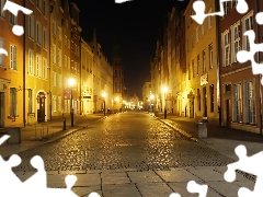 lanterns, Gdańsk, Night, apartment house, alley