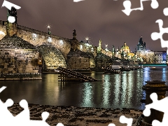 Charles Bridge, Vltava River, light, buildings, lanterns, Prague, Czech Republic, Night
